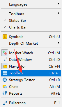 How to open the toolbox on MT5